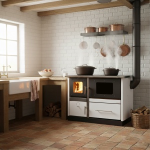 Termosoba pe lemn Termax Maria 35 kW din otel, evacuare pe dreapta, cuptor, design modern si functional, 230 mp, Alb - Img 2