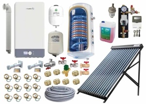 Centrala Fondital Antea Next 26 kW + Sistem Solar Family Comfort 150, Colector solar cu 15 tuburi vidate echipate cu heat-pipe Termax Solar, Boiler termoelectric 2 serpentine Tesy 120 litri, Grup pompare si Vas expansiune solar