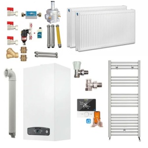 Pachet apartament cu 1 camera, centrala termica in condensare Ariston Cares S 24 kW, Calorifere, Termostat Inteligent, Set robineti tur/retur, Kit evacuare inclus si Kit complet armaturi montaj