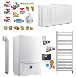 Pachet apartament cu 1 camera, centrala termica pe gaz in condensare Vaillant ecoTEC pure VUW 236/7-2, 20.2 kW, Calorifere, Termostat inteligent, Set robineti, Kit evacuare inclus si Kit complet armaturi montaj