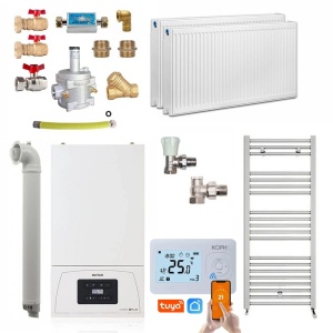 Pachet apartament cu 1 camera, centrala termica pe gaz in condensare Motan Condens KPlus C38GC20V1, 20 kW, Calorifere, Termostat Wireless, Set robineti tur/retur, Kit evacuare inclus si Kit complet armaturi montaj