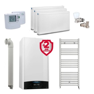 Pachet apartament cu 2 camere, centrala Ariston Genus One+ 24 kW, Clasa A, Schimbator de caldura XtraTech, Ecran LCD tactil, Autodiagnoza, Kit de evacuare inclus + Termostat ambient fara fir Honeywell DT92A + 2 ani extragarantie , Calorifere, Set robineti