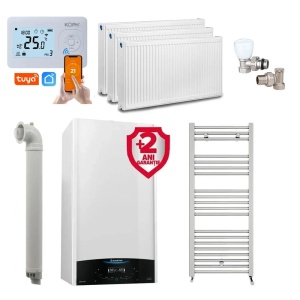 Pachet apartament cu 2 camere, centrala Ariston Genus One+ 24 kW, Clasa A, Schimbator de caldura XtraTech, Ecran LCD tactil, Autodiagnoza, Kit de evacuare inclus + Termostat ambient KOPH i302 + 2 ani extragarantie , Calorifere, Set robineti