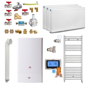Pachet apartament cu 2 camere, Centrala termica pe gaz in condensare Saunier Duval Semiatek Condens 22.4 kW, Calorifere, Termostat inteligent, Set robineti tur/retur, Kit evacuare inclus si Kit complet armaturi montaj