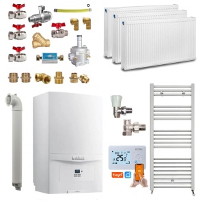 Pachet apartament cu 2 camere, centrala termica pe gaz in condensare Vaillant ecoTEC pure VUW 236/7-2, 20.2 kW, Calorifere, Termostat inteligent, Set robineti calorifere, Kit evacuare inclus si Kit complet armaturi montaj