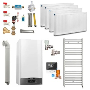 Pachet apartament cu 3 camere, centrala termica pe gaz in condensare Ariston Clas One WIFI 24 kW, Calorifere, Termostat Inteligent, Set robineti calorifere, Kit evacuare inclus si Kit complet armaturi montaj