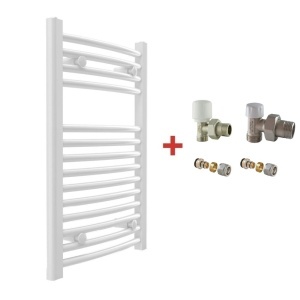 Pachet Calorifer (radiator) de baie TERMAX, tip scarita, din otel, curbat 500/1490 mm, 939 W, Robineti Tur/Retur Gaia 1/2" + conector pexal inclus