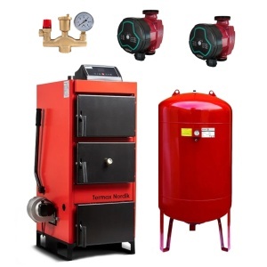 Pachet centrala/Cazan pe lemn/carbune Termax Nordik 46 kW cu ventilator si automatizare, diametru cos 160 mm, volum manta apa 100 litri, 3 bar, 1480 x 800 x 625 mm, Grup Siguranta, Pompe Recirculare, Vas Expansiune