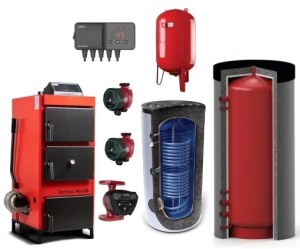 Pachet Centrala/Cazan pe lemn/carbune Termax Nordik 93 kW, cu ventilator si automatizare, Øcos fum 220 mm, volum manta apa 200 litri, Boiler stativ 800 litri, Vas expansiune, Pompe recirculare, Puffer 2000 litri, Controler pompa