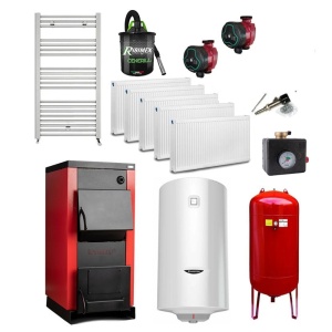 Pachet Centrala/Cazan pe lemn Termax 25 kW, cu ardere standard, volum manta apa 75 litri, grup siguranta, pompa recirculare, regulator de tiraj, vas expansiune, boiler, radiatoare