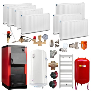 Pachet Centrala/Cazan pe lemn Termax 30 kW, cu ardere standard, volum manta apa 90 litri, Calorifere, Boiler termoelectric, Pompe recirculare, Grup siguranta - Img 1