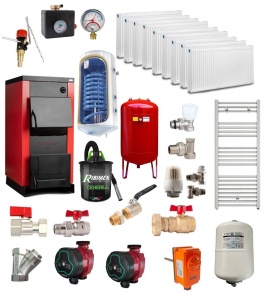 Pachet Centrala/Cazan pe lemn Termax 40 kW, cu ardere standard, volum manta apa 120 litri, Calorifere, Boiler termoelectric, Pompe recirculare, Vas expansiune