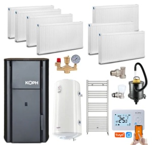 Pachet centrala cu peleti KOPH PM 30 kW, 200 mp, buncar peleti 30 kg, diametru cos fum ⌀80 mm, manta apa 30 litri, pompa recirculare si vas expansiune incorporate, Calorifere, Boiler Termoelectric Tesy 100 litri, Termostat inteligent KOPH