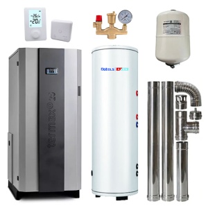 Pachet centrala cu peleti Termax Compact 25 kW, 170 mp, buncar peleti 75 kg, volum apa 60 litri, diametru cos fum ⌀80 mm, vas expansiune si pompa recirculare incluse, Boiler stativ cu serpentina marita 2 in 1 ACM & Buffer, Grup siguranta