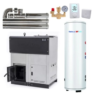 Pachet centrala cu peleti Termax ECO GRI 35 kW, 220 mp, buncar peleti 130 kg, volum apa 95 litri, diametru cos fum ⌀80 mm, Boiler stativ cu serpentina marita 2 in 1 ACM & Buffer, Grup siguranta, Termostat 303RF KOPH si Kit cos fum interior