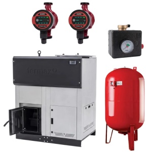 Pachet centrala cu peleti Termax ECO GRI 50 kW, 330 mp, buncar peleti 170 kg, vas expansiune 50 litri, pompe de recirculare, grup de siguranta Herz