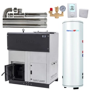 Pachet centrala cu peleti Termax ECO GRI 50 kW, 330 mp, buncar peleti 170 kg, volum apa 150 litri, diametru cos fum ⌀120 mm, Boiler stativ cu serpentina marita 2 in 1 ACM & Buffer, Grup siguranta, Termostat 303RF KOPH si Kit cos fum interior