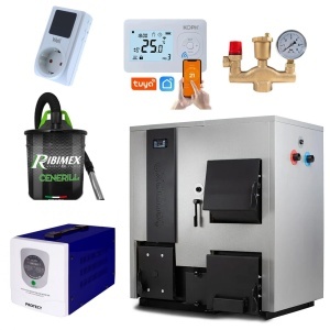 Pachet centrala mixta lemn/pelet Termax Combo 35 kW, volum manta apa 122 litri, trecere automata lemn/pelet, Grup siguranta, Termostat inteligent KOPH I302, Aspirator cenusa 1000 W, Sursa KOPH 500 W, Stecher Schuko cu protectie la joasa si inalta tensiune