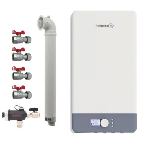 Pachet Centrala termica pe gaz in condensare Fondital Antea Next KC 26 kW, Clasa A, Afisaj color si intuitiv, IPX5D, Incalzire + ACM, Kit de evacuare inclus, Robineti si Filtru antimagnetita