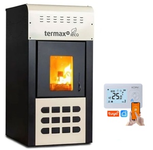 Pachet control inteligent - Termosemineu pe peleti Termax Kamin ECO, 25 kW, 160 mp, buncar peleti 45 kg, volum apa 42 litri, diametru cos fum ⌀80 mm, vas expansiune, pompa recirculare incluse, Crem si Termostat inteligent WIFI KOPH
