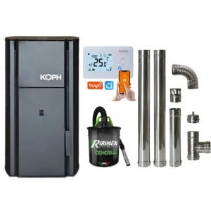 Pachet economic - Centrala cu peleti KOPH PM 25 kW, 160 mp, buncar peleti 25 kg, diametru cos fum ⌀80 mm, pompa recirculare si vas expansiune incorporate, Negru + Termostat inteligent + Aspirator cenusa 1000W + Kit cos de interior inox ⌀80 mm