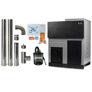 Pachet economic - Centrala cu peleti Termax ECO GRI 100 kW, 650 mp, buncar peleti 205 kg, volum apa 280 litri, diametru cos fum ⌀120 mm + Termostat inteligent + Aspirator cenusa 1000W + Cos fum inox de interior ⌀120 mm