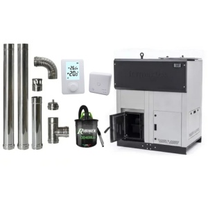 Pachet economic - Centrala cu peleti Termax ECO GRI 50 kW, 330 mp, buncar peleti 170 kg, volum apa 150 litri, diametru cos fum ⌀120 mm + Termostat ambiental + Aspirator cenusa + Cos fum inox de interior ⌀120 mm