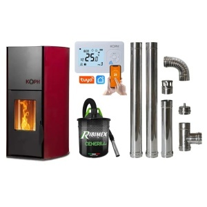 Pachet economic - Termosemineu cu peleti KOPH PM 25 kW Fiama, 160 mp, buncar peleti 25 kg, diametru cos fum ⌀80 mm, pompa recirculare si vas expansiune incorporate, Bordo + Termostat inteligent + Aspirator cenusa 1000W + Cos fum inox de interior