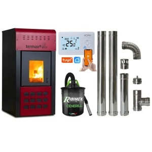 Pachet economic - Termosemineu pe peleti Termax Kamin ECO, 25 kW, 160 mp, buncar peleti 45 kg, diametru cos fum ⌀80 mm, vas expansiune si pompa recirculare incluse+ Termostat inteligent + Aspirator cenusa 1000W + Cos fum inox de interior ⌀80 mm