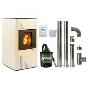 Pachet economic - Termosemineu pe peleti Termax Kamin PM 15 kW, 120 mp, buncar peleti 30 kg, diametru cos fum ⌀80 mm, vas expansiune si pompa recirculare incluse, Ivory + Termostat inteligent + Aspirator cenusa 1000W + Cos fum inox de interior ⌀80 mm