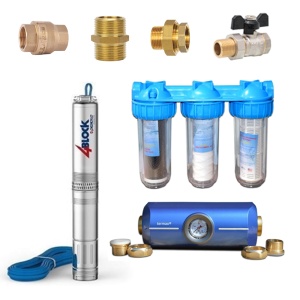 Pachet Pompa submersibila PEDROLLO 4 BLOCKm 4/7, putere 550 W, debit 100 l/m, 49M42407LA1, Filtru inhibitor calcar Termax J-600-BS 1" si Set 3 filtre ALFAKAL 10", racord 1"