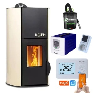 Pachet Smart Control - Termosemineu pe peleti KOPH PM 12 kW, 80 mp, buncar peleti 12 kg, diametru cos fum ⌀80 mm, pompa recirculare si vas expansiune incorporate + Termostat inteligent KOPH I302 WiFi + Aspirator cenusa 1000W + Sursa KOPH 700 W + Stecher