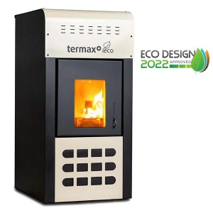 Pachet Smart Control - Termosemineu pe peleti Termax Kamin ECO, 25 kW, 160 mp, volum apa 42 litri, diametru cos fum ⌀80 mm, vas expansiune si pompa recirculare incluse + Termostat inteligent KOPH I302 WiFi + Aspirator cenusa 1000W + Stabilizator tensiune