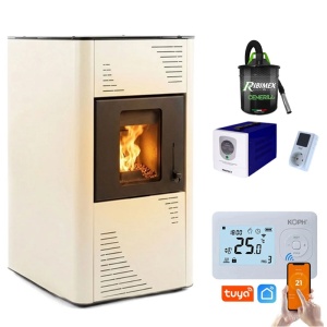 Pachet Smart Control - Termosemineu pe peleti Termax Kamin PM 15 kW, 120 mp, volum apa 30 litri, vas expansiune si pompa recirculare incluse + Termostat inteligent KOPH I302 WiFi + Aspirator cenusa 1000W + Sursa KOPH 500 W + Stecher