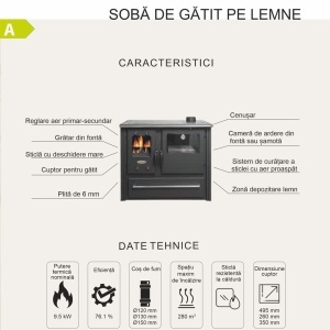 Pachet soba pe lemn Termax Rustik, Fonta, 9.5 kW, evacuare pe dreapta, cuptor integrat, randament 76.1%, 63 m², Bordo, set accesorii, aspirator cenusa si suport lemne foc metalic Termax XL - Img 11