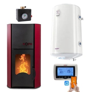 Pachet termosemineu cu peleti KOPH PM 25 kW Fiama, 170 mp, buncar peleti 25 kg, diametru cos fum ⌀80 mm, Boiler Termoelectric 100 litri, Termostat inteligent, Grup de siguranta