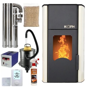 Pachet termosemineu cu peleti KOPH PM 30 kW, 200 mp, buncar peleti 30 kg, diametru cos fum ⌀80 mm, pompa recirculare si vas expansiune incorporate, Crem - Img 1