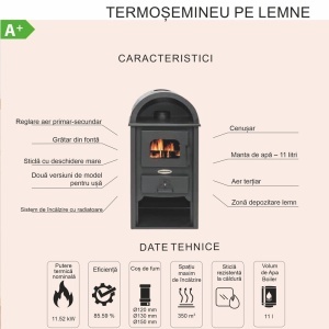 Pachet termosemineu pe lemn Termax Faurar, 11.52 kW, randament 85.59%, 75 m², Antracit si suport lemne foc metalic Termax M cu design vertical si robust, 50 x 40 x 36 cm - Img 8