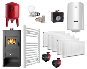 Pachet termosemineu pe lemne/brichete Termax Kamin 21 kW, 1040 x 460 x 460 mm, manta apa 22 litri, diametru cos fum Ø120 mm, Bordo + Calorifere + Boiler termoelectric Ariston 100 litri