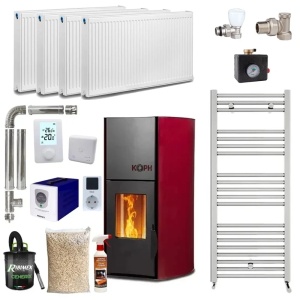 Pachet termosemineu pe peleti KOPH PM 12 kW, 80 mp, buncar peleti 12 kg, diametru cos fum ⌀80 mm, pompa recirculare si vas expansiune incorporate, Calorifere, Grup siguranta, Sursa KOPH + Stecher
