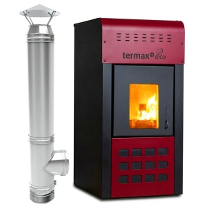 Pachet Termosemineu pe peleti Termax Kamin ECO, 25 kW, 160 mp, buncar peleti 45 kg, volum apa 42 litri, diametru cos ⌀80 mm, vas expansiune, pompa recirculare incluse si scos de fum din inox cu dublu perete, inaltime 4 metri, diametru interior ⌀80 mm
