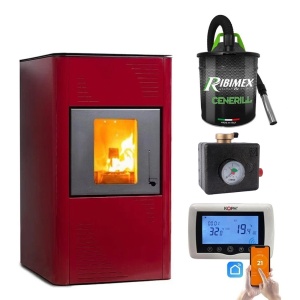 Pachet Termosemineu pe peleti Termax Kamin PM 15 kW, 120 mp, buncar peleti 30 kg, volum apa 30 litri, diametru cos fum ⌀80 mm, vas expansiune si pompa recirculare incluse, Termostat inteligent KOPH CT99, Grup de siguranta, Aspirator cenusa