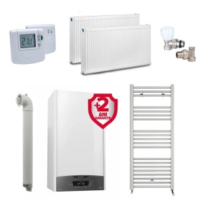 Pachet apartament cu 1 camera, centrala Ariston Clas One WIFI 24 kW, incalzire si ACM, Kit evacuare inclus + Termostat ambient fara fir Honeywell DT92A + 2 ani extragarantie, Calorifere, Set robineti tur/retur