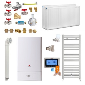 Pachet apartament cu 1 camera, Centrala termica pe gaz in condensare Saunier Duval Semiatek Condens 22.4 kW, Calorifere, Termostat inteligent, Set robineti tur/retur, Kit evacuare inclus si Kit complet armaturi montaj