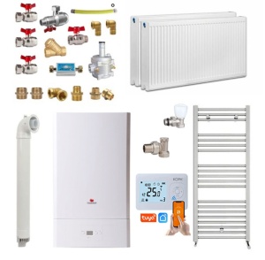 Pachet apartament cu 1 camera, Centrala termica pe gaz in condensare Saunier Duval Semiatek Condens 24 kW, Calorifere, Termostat inteligent WIFI KOPH, Set robineti tur/retur, Kit evacuare inclus si Kit complet armaturi montaj
