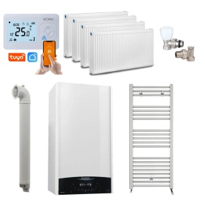 Pachet apartament cu 3 camere, centrala Ariston Genus One+ 30 kW, Clasa A, Schimbator de caldura XtraTech, Ecran LCD, Autodiagnoza, Kit de evacuare inclus + Termostat ambient, Calorifere, Set robineti/tur
