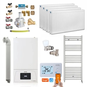 Pachet apartament cu 3 camere, centrala termica pe gaz in condensare Motan Condens KPlus C38GC20V1, 20 kW, Calorifere, Termostat Wireless, Set robineti tur/retur, Kit evacuare inclus si Kit complet armaturi montaj