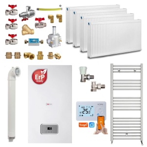 Pachet apartament cu 3 camere, centrala termica pe gaz in condensare Saunier Duval Semia 25-A, 24 kW, Calorifere, Termostat inteligent, Set robineti tur/retur, Kit evacuare inclus si Kit complet armaturi montaj