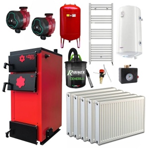 Pachet Centrala/Cazan pe lemn KOPH ECO 40 kW, cu ardere standard, 250 mp, volum manta apa 91 litri, diametru cos fum ⌀179 mm, randament 86%, Calorifere, Boiler termoelectric, Pompe recirculare, Vas expansiune, Aspirator cenusa