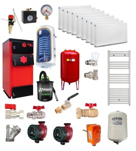 Pachet Centrala/Cazan pe lemn KOPH ECO 40 kW, cu ardere standard, 250 mp, volum manta apa 91 litri, diametru cos fum ⌀179 mm, randament 86%, Boiler termoelectric, Pompe recirculare, Vas expansiune, Calorifere, Aspirator cenusa